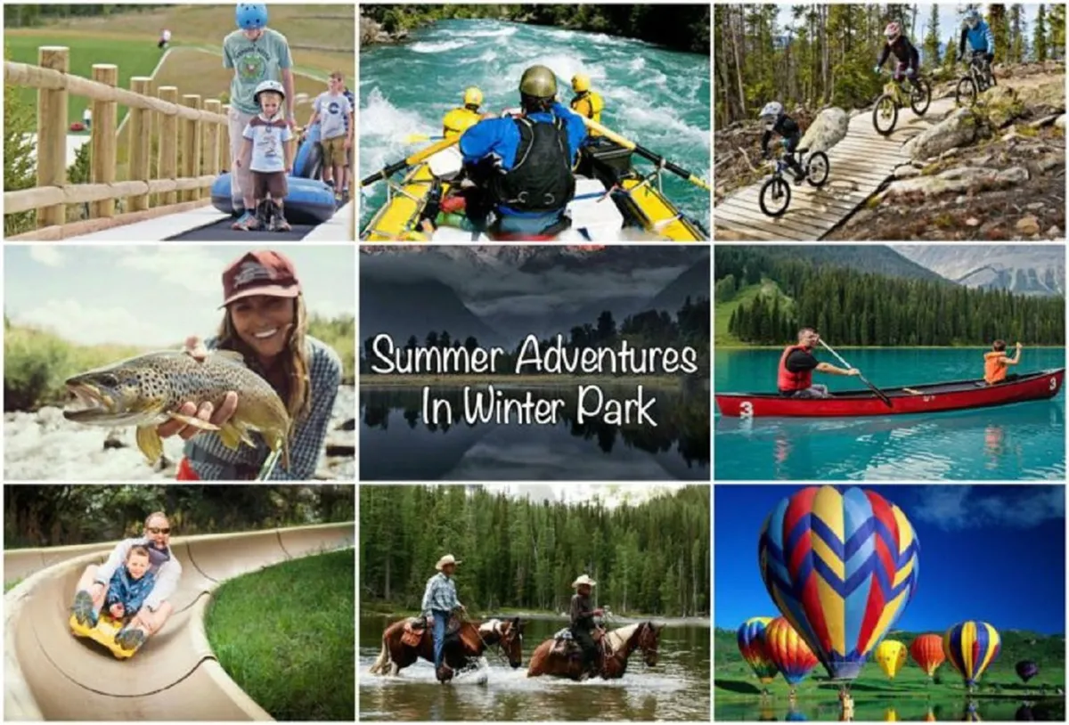 A vibrant outdoor scene showcasing a variety of activities including white-water rafting, mountain biking, fishing, canoeing, horseback riding, and even hot air ballooning. The image is filled with action and natural beauty, reflecting diverse adventure options.
