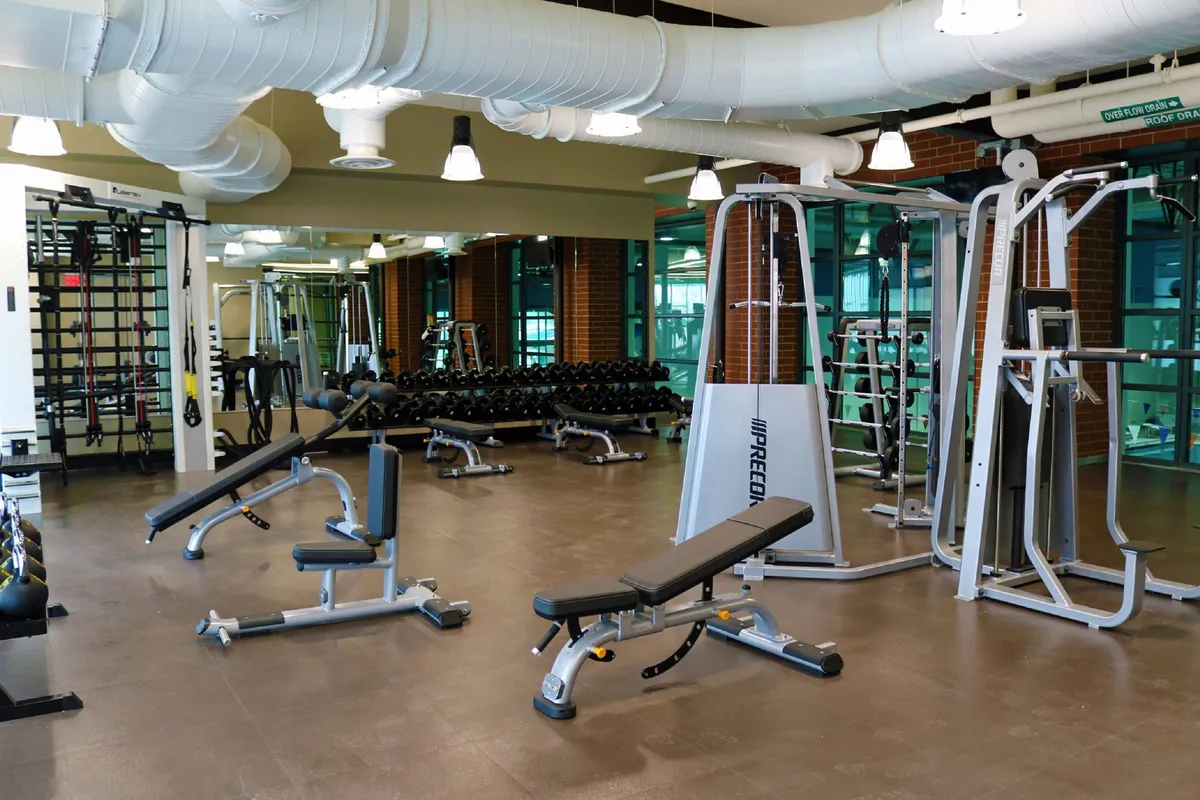This interior scene spotlights a well-equipped gym with weightlifting machines, dumbbell racks, and exercise benches, all set in a bright, motivational atmosphere. The community feel is highlighted by visible group workout areas.