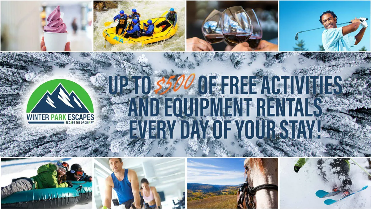 A collage-style interior scene showcasing people engaged in a variety of activities: skiing and snowboarding, savoring food and drinks, enjoying nature views, and unwinding in spa-like settings. The mood is adventurous and joyful, with a clear emphasis on both excitement and relaxation.