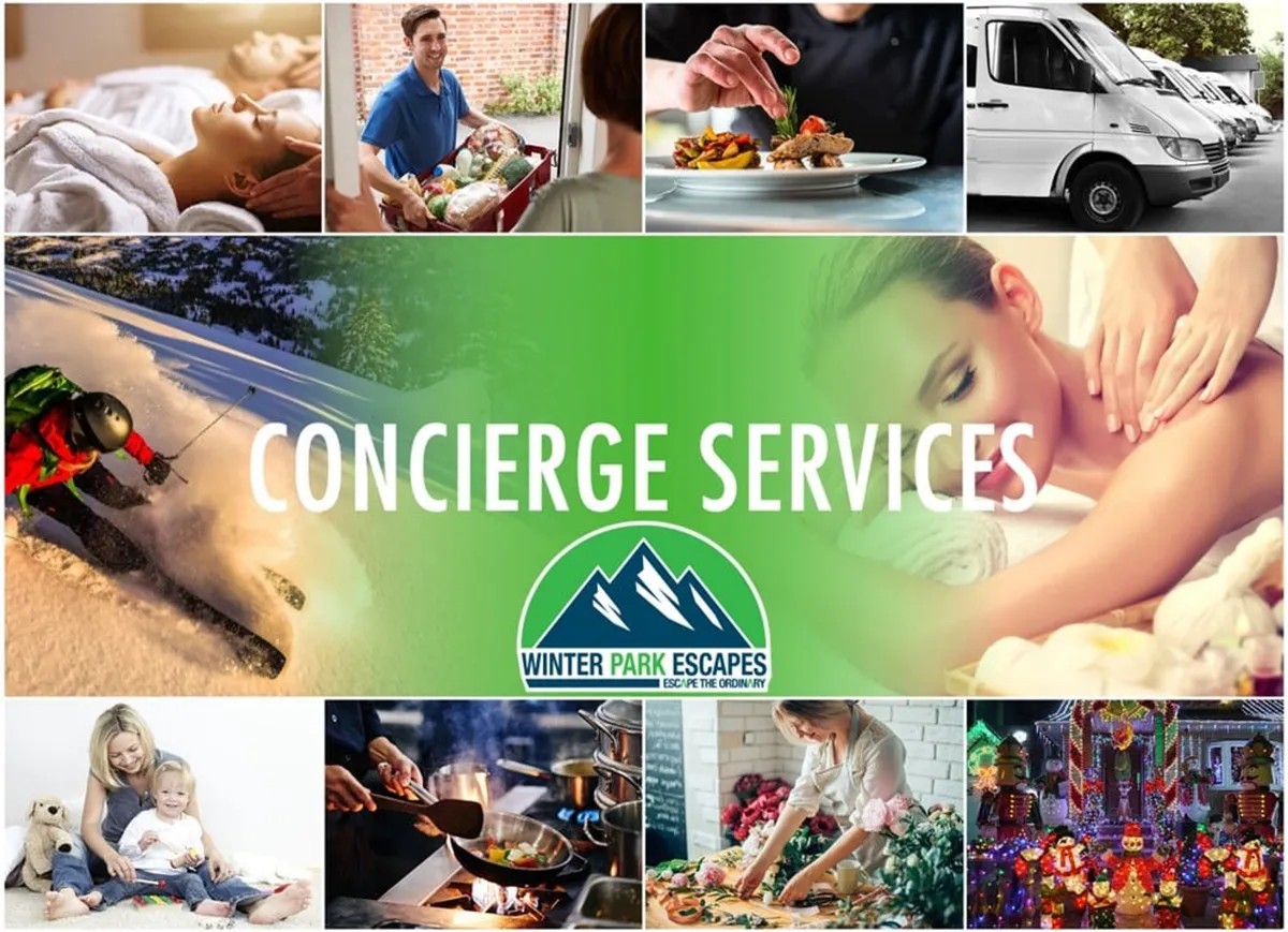 The image offers a vibrant collage of activities such as skiing, spa treatments, gourmet food delivery, family activities, festive cooking, and holiday decorations, set within an inviting and lively atmosphere.