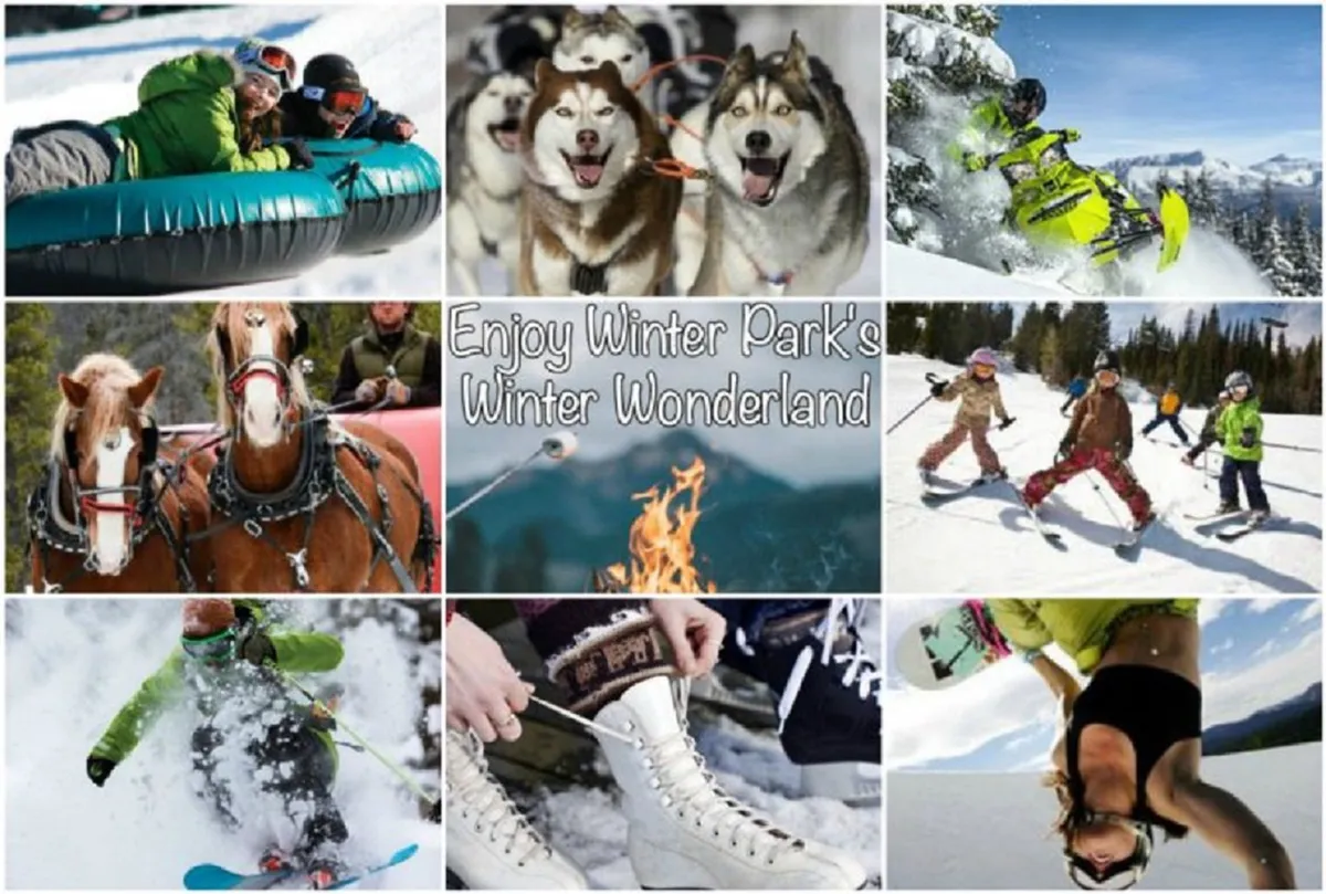 An exhilarating winter scene showcases children and adults snow tubing down snowy slopes, huskies pulling sleds, skiers on the slopes, and kids playing in the snow. The image conveys adventure, excitement, and the range of winter activities available.